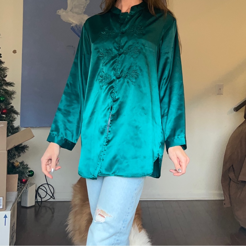 Vintage Inner Most Green Satin Button Top